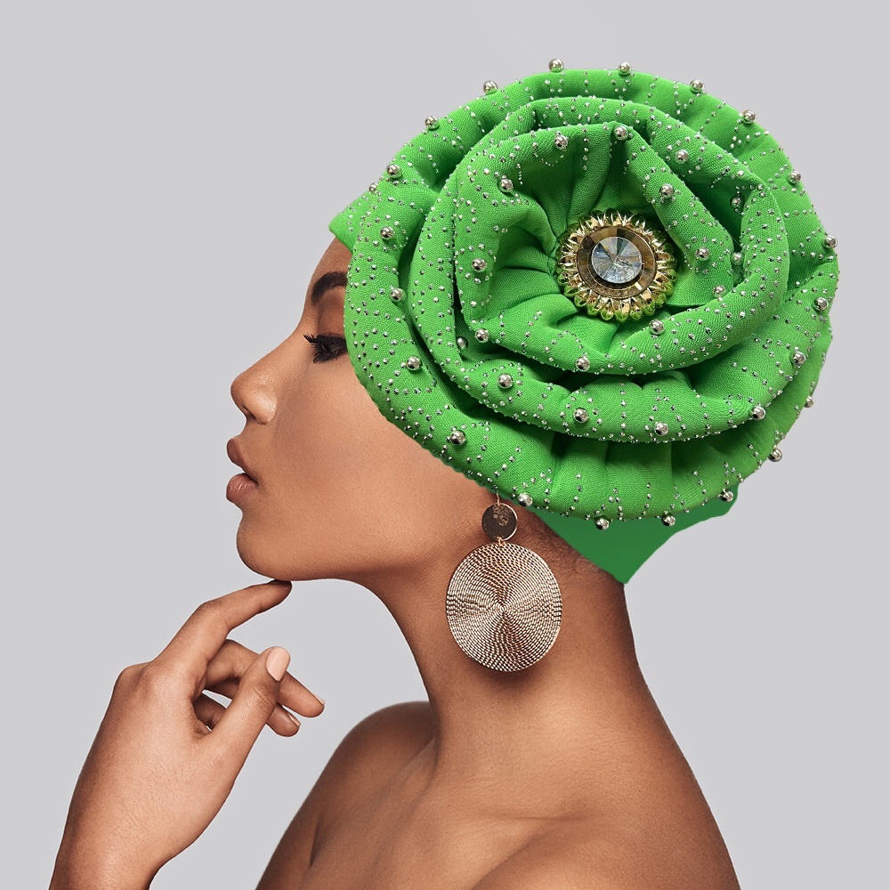 Green Beaded Bling Studded Accented Turban Hat